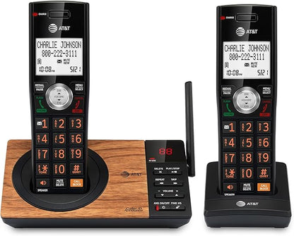 AT&T CL82267 DECT 6.0 2-Handset Cordless Phone for Home with Answering Machine, Call Blocking, Caller ID Announcer, Intercom and Long Range, Black & Wood Grain Finish