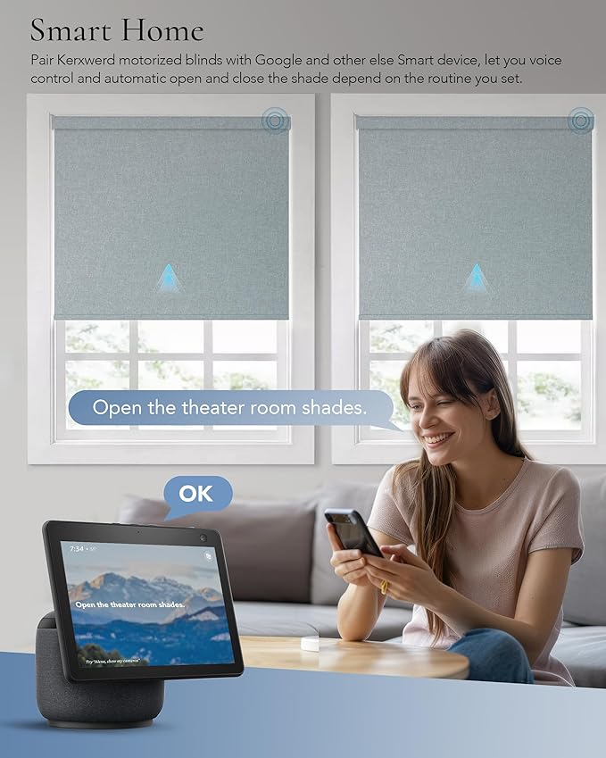 Motorized Blinds Compatible with Alexa Google Custom to 108" Width 100% Blackout Smart Blind Automatic Large Window Roller Shades Remote Control Fabric Light Blue