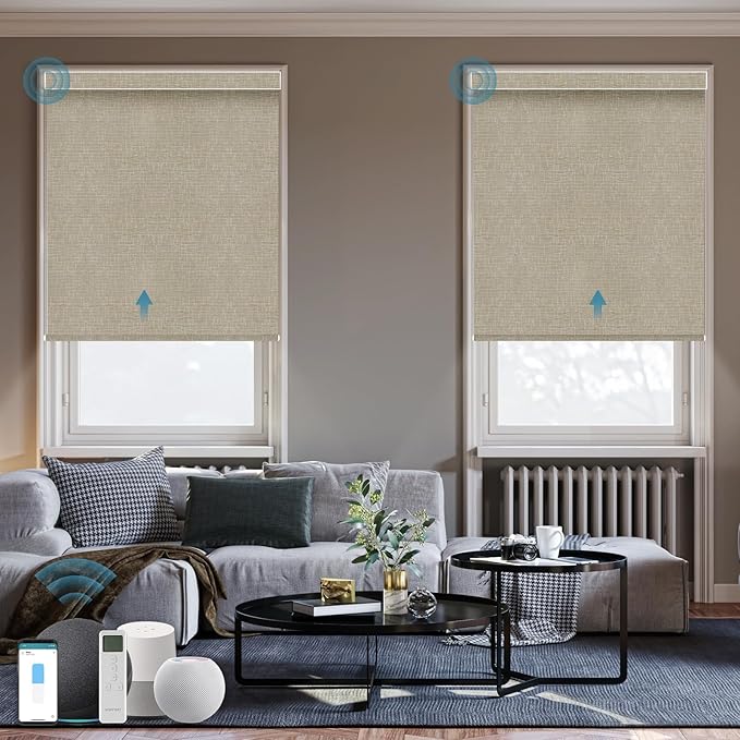 Motorized Alexa Controlled 100% Blackout Shades for Windows,Electric Smart Blinds Work with Homekit,Alexa,Google Home,Remote,Automatic Blinds with Solar Pannel Charging,Texture Biscuit