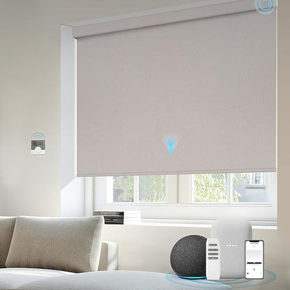 Motorized Blinds Compatible with Alexa Google Custom to 108" Width 100% Blackout Smart Blind Automatic Large Window Roller Shades Remote Control Fabric Grey Beige