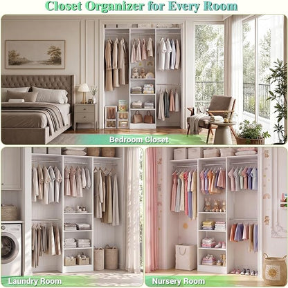 Besiost 4FT Small Closet Organizer System with 4 Hanging Rods & 3 Shelves | 48" Closet System for Small Closets, 80" H Small Closet Organizers and Storage for Bedrooms, Cloakrooms, White