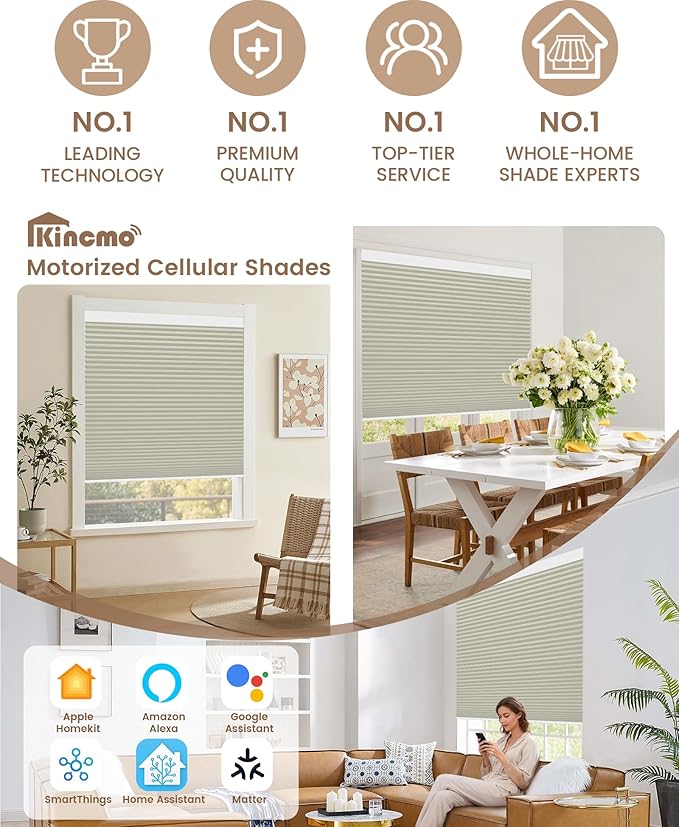 Kincmo Motorized Cellular Shades, Custom Motorized Blinds with Remote, Cordless Smart Electric Honeycomb Blinds Work with Apple HomeKit, Alexa, Google (100%-Blackout-Single-Cell Beige)