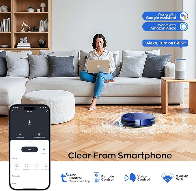 MANVN Robot Vacuum and Mop Combo for Pet Hair, Robotic Vacuum for Hard Floors and Carpets, 2.87'' Ultra-Slim, with 3D Obstacle Avoidance, Wi-Fi/App/Voice Controlled, Self-Charging