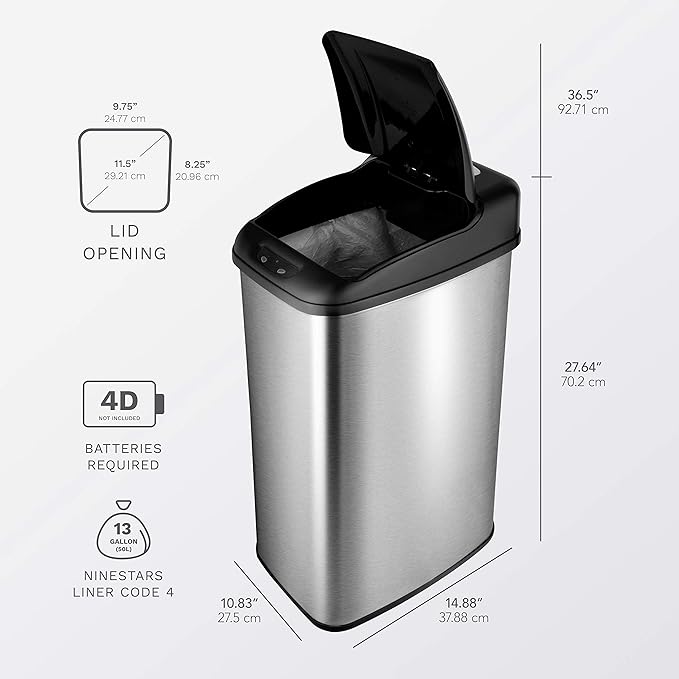 NINESTARS DZT-50-6 The Original Automatic Motion Sensor Trash Can, 13.2 Gal. / 50 L., Stainless Steel