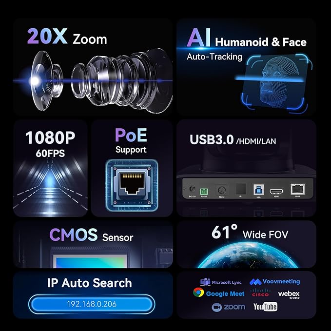 Tenveo HDMI/USB3.0/LAN(PoE) PTZ Camera AI Humanoid & Face Auto-Tracking, 20X Optical Zoom PTZ Camera IP Live Streaming, FHD 1080P 60FPS, for Church Services Worship Video Conference Live Streaming