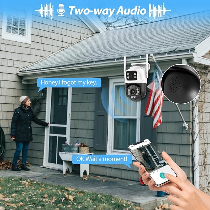 TOWODE 6MP Security Camera Outdoor 360°PTZ Surveillance System Dual Lens Linkage 2.4Ghz 24/7 Record IP66 WiFi Camera for Home Security with Motion Detection, Color Night Vision,Two-Way Audio（2Pack）