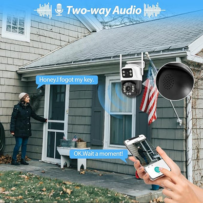 6MP Security Camera Outdoor, 360°PTZ Surveillance System, Dual Lens Security Camera 2.4Ghz 24/7 Record IP66 WiFi Camera for Home Security with Motion Detection, Color Night Vision,Two-Way Audio（White）
