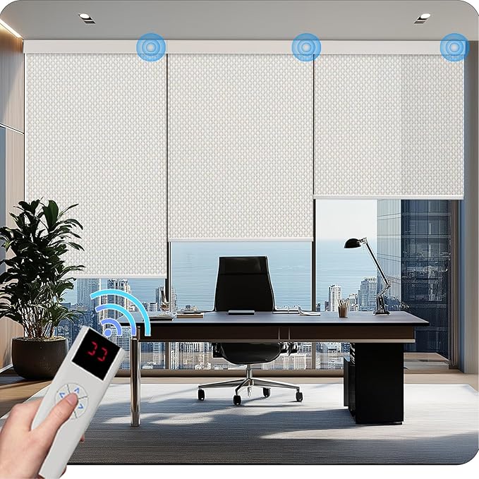 Motorized Blinds with Remote Cordless Automatic Motorized Shades Custom Blinds for Windows Smart Curtains Compatible with Alexa Google Home(3% Solar Beige,W66 x H72in)