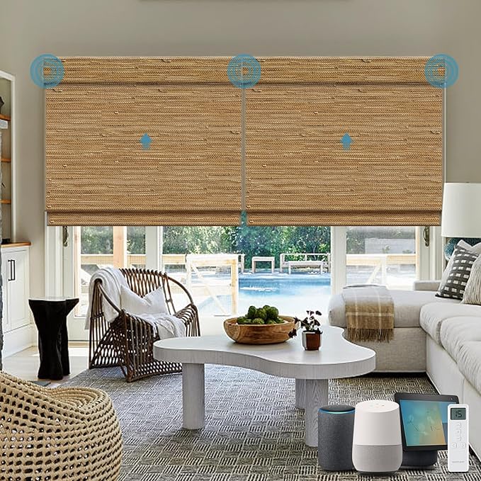 Motorized Roman Shades with Remote,Wooden Blinds Compatible with Alexa/Google/Apple Homekit,Natural Woven Wood Blinds,Customized Size,Crocheting Dark Brown