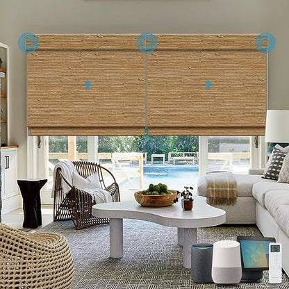 Motorized Roman Shades with Remote,Wooden Blinds Compatible with Alexa/Google/Apple Homekit,Natural Woven Wood Blinds,Customized Size,Crocheting Dark Brown