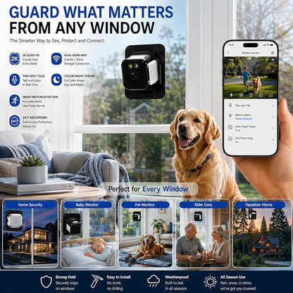 Window Camera 3MP 2K Indoor for Home Security, Color Night Vision - 1Pack | No Drilling See Outside from Inside Through Glass, 2.4GHz & 5GHz WiFi, AI Person Detection, Anti-Reflection Design