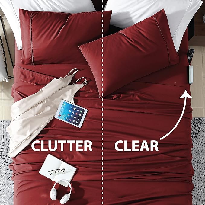 Swift Home Smart Sheets, Ultra Soft Brushed Microfiber 4-Piece Sheet Set, Fitted Bed Sheet with Side Storage Pockets – Burgundy, Queen