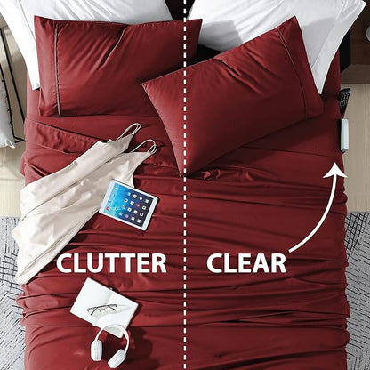 Swift Home Smart Sheets, Ultra Soft Brushed Microfiber 4-Piece Sheet Set, Fitted Bed Sheet with Side Storage Pockets – Burgundy, Queen