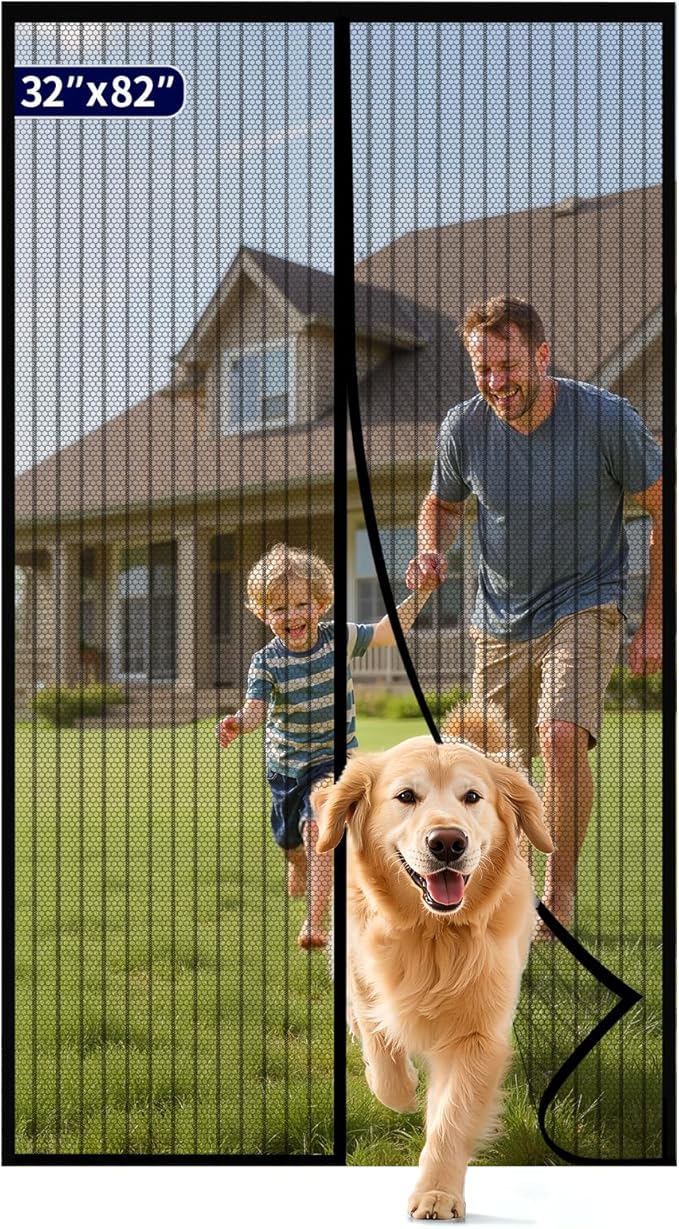 Kitsure Magnetic Screen Door - 32.0 x 82.0 in Retractable Screen Door Mesh for Front Door or Sliding Door, Pet & Kid Friendly, Hands-Free Closure Keeps Bugs Out & Lets Breeze in, Stripe Black