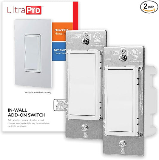 UltraPro Add-On Switch QuickFit and SimpleWire, In-Wall White Rocker Paddle Only, Z-Wave ZigBee Wireless Smart Lighting Controls, NOT A STANDALONE Switch, 2 Pack, 54905