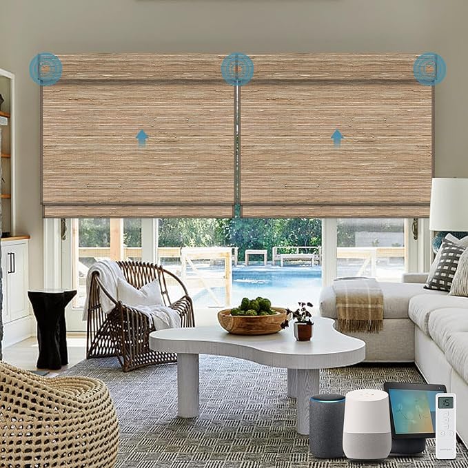 Motorized Roman Woven Woods Shades Work with HomeKit/Alexa/Google Home, Cordless Motorized Roman Shades,Electric Roman Blinds Custom Size,Crocheting Brown