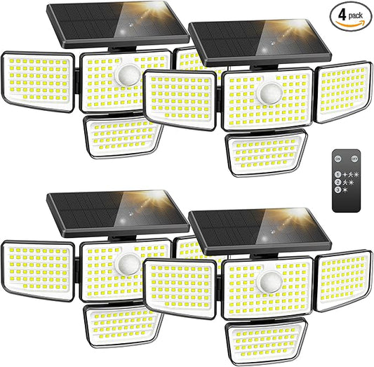 Adewalk Solar Outdoor Motion Lights - Upgraded 4Packs 4 Heads 188 LED Security Lights with Motion Sensor Lights, IP65 Waterproof 270° Wide Angle Flood Wall Lights for Home Darkroom Backyard