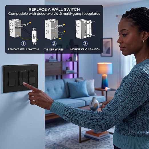 RunLessWire Click for Hue Battery-Free Wireless Smart Switch 3 Pack Black | Dimmable Kinetic Switch Pairs Natively to Philips Hue Bridge, 4 Programmable Buttons to Control Scenes & Areas, 100ft Range