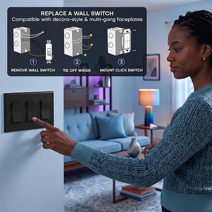 RunLessWire Click for Hue Battery-Free Wireless Smart Switch 3 Pack Black | Dimmable Kinetic Switch Pairs Natively to Philips Hue Bridge, 4 Programmable Buttons to Control Scenes & Areas, 100ft Range