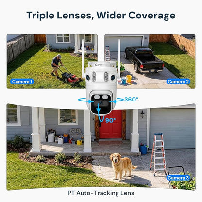 yeewise Triple Lens WiFi Security Camera with AI Tracking, WiFi 6 Outdoor PTZ Camera, 360° View Home Security, 5/2.4Ghz Dual Band, Easy Bluetooth Setup, Plug-in Power