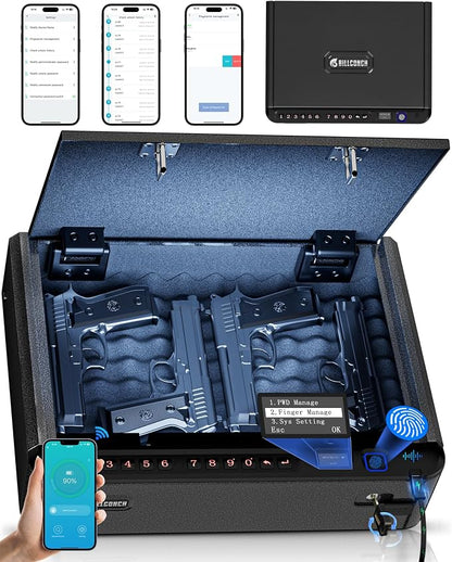 BILLCONCH Smart Gun Safe with Fingerprint, App, Keypad,LCD& Security Cable | Steel Handgun Safe with 4 Quick-Access Methods, Voice Guidance, Built-in LED Light, Ideal for Nightstand, Bedside and Home
