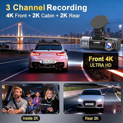 4K+2K+2K 3 Channel Dash Cam Front and Rear with 128GB Card, Dash Camera for Cars 5.8G/2.4G Dual WiFi, Built-in GPS, Night Vision, WDR, 170°Wide Angle, Emergency Lock, 24H Parking Monitor, Deep Black