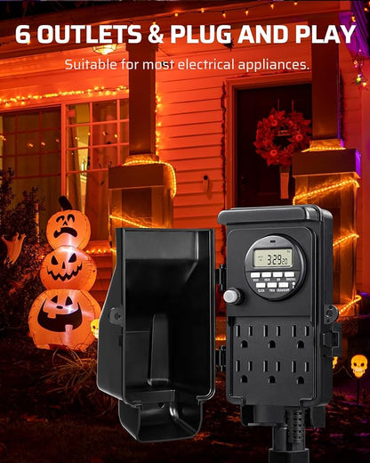 DEWENWILS Outdoor Digital Power Strip Timer, Waterproof Power Stake Timer | Waterproof 6 Outlets, 6ft Cord, Works for Outdoor Lights, Yard, Garden, 15A Heavy Duty, Overload Protection