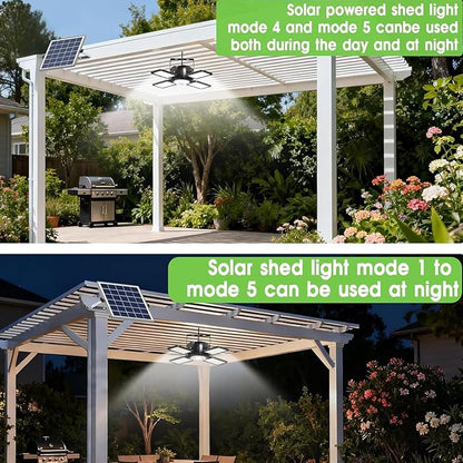 Solar Shed Light Outdoor Indoor Upgrade 1200LM 174LED 4 and 1 Heads Motion Sensor Pendant Light Daytime Work Light with 5 Lighting Modes Remote Control IP65 Waterproof for Barn Gazebo Shop 2 Pack