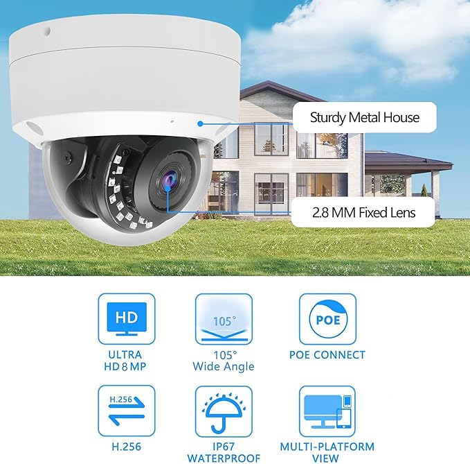 Real HD 4K 8MP PoE IP Vandal Dome PoE IP Camera Outdoor, 2.8mm Wide Angle 105° Fov, 98Ft Night Vision, H.265, Waterproof IP67, NDAA Compliant