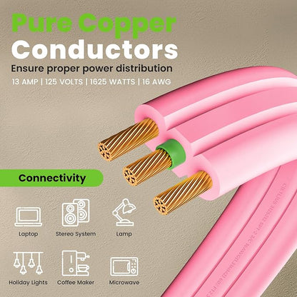 GEARit 20 ft 360° Rotating Flat Plug Extension Cord, 3 Outlet Low Profile Power Cord, 16 AWG 13A 3 Prong Grounded Indoor Cord, ETL Listed, Space-Saving for Furniture, Pink