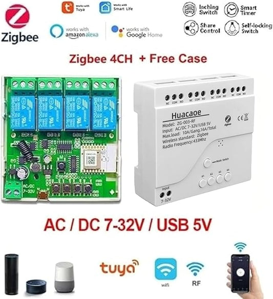 Zigbee 4CH DC7-32V USB 5V Relay Smart Switch Module,Wireless APP Remote Control with Inching/Self-Lock/Interlock modle,Works with Tuya Zigbee Gateway,Alexa,Google Home (Required ZigBee Hub)