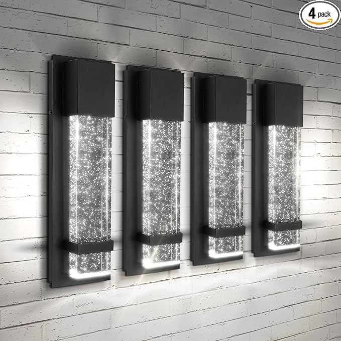 ASD LED 13" Bubble Glass Wall Light Fixture, Outdoor & Indoor Seeded Sconce | 3CCT, Waterproof, Dimmable, ETL Listed | 12W 500LM 3000-5000K 120V | Exterior Lantern, Porch Lighting | Black, 4 Pack