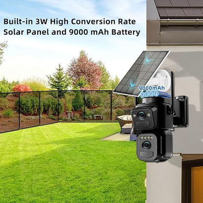 4K Solar Security Cameras Wireless Outdoor Battery Powered, 2.4GHz Dual Lens Bullet & 360° PTZ Outdoor Security Camera with Solar Panel, Digital Zoom, Night Vision,PIR Sensor (1Pack)