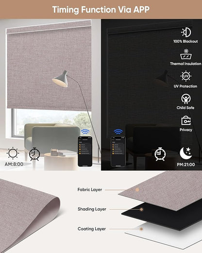 Motorized Blinds with Remote: Kincmo 100% Blackout Roller Shades Work with Apple Homekit,Alexa,Google Home, Customized Electric Blinds with App,Voice Control (100% Blackout Natural Oat)