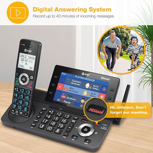 AT&T 4-Handset DECT 6.0 Cordless Home and Business Phone with Answering Machine, 5" Color Display, One-Touch Shortcut, Conference, Intercom, Smart Call Blocker, Bluetooth Connect to Cell: DLP73490