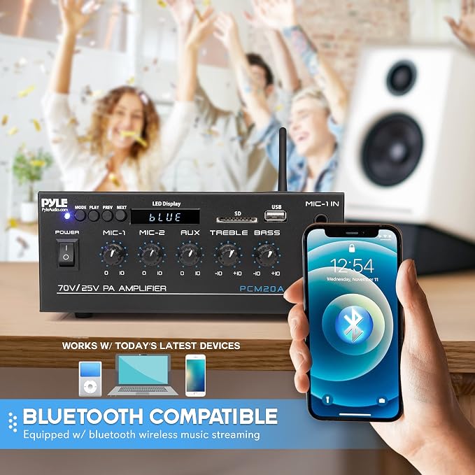 Pyle Compact Mini Home Power Amplifier - 40W Smart Small Audio Stereo Receiver w/AUX, 2 Microphone in, COM/8-Ohm/25V/70V Speakers, LED, Input Selector, for PA, Amplified Speaker Sound System PCM20A.5 | COM/8-Ohm/25V/70V Connect, LED Display - PCM20A.5