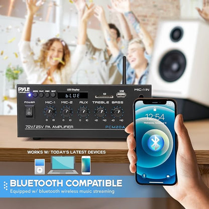 Pyle Compact Mini Home Power Amplifier - 40W Smart Small Audio Stereo Receiver w/AUX, 2 Microphone in, COM/8-Ohm/25V/70V Speakers, LED, Input Selector, for PA, Amplified Speaker Sound System PCM20A.5 | COM/8-Ohm/25V/70V Connect, LED Display - PCM20A.5