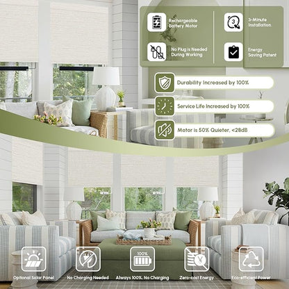 FineTell Motorized Blinds with Remote, 100% Blackout Roller Shades Compatible with Alexa,Apple Homekit,Google Home APP and Voice Control, Customized Electric Blinds (100% Blackout Elegant Cream)