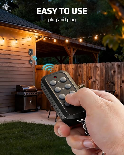 DEWENWILS Outdoor Wireless Remote Control Outlet, Dual Grounded 15A Heavy Duty Plug-in Light Switch, 100FT RF Range, Weatherproof, Individual & All-in-One Remote, 1 Remote & 3 Receivers, Black