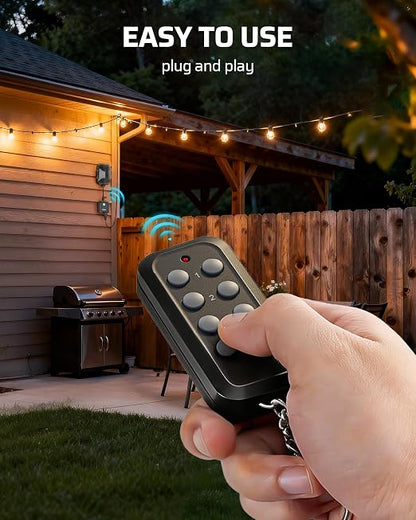 DEWENWILS Outdoor Wireless Remote Control Outlet, Dual Grounded 15A Heavy Duty Plug-in Light Switch, 100FT RF Range, Weatherproof, Individual & All-in-One Remote, 1 Remote & 3 Receivers, Black