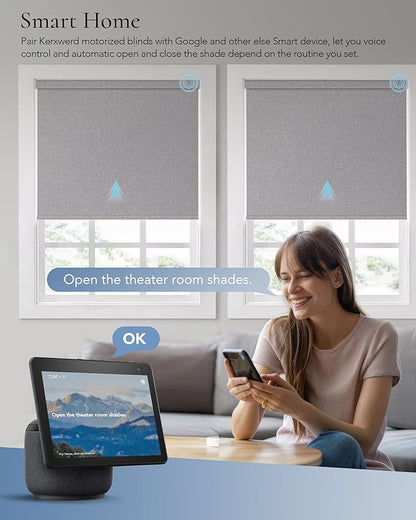 Motorized Blinds Compatible with Alexa Google Custom to 108" Width 100% Blackout Smart Blind Automatic Large Window Roller Shades Remote Control Fabric Grey