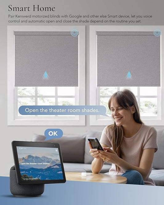 Motorized Blinds Compatible with Alexa Google Custom to 108" Width 100% Blackout Smart Blind Automatic Large Window Roller Shades Remote Control Fabric Grey
