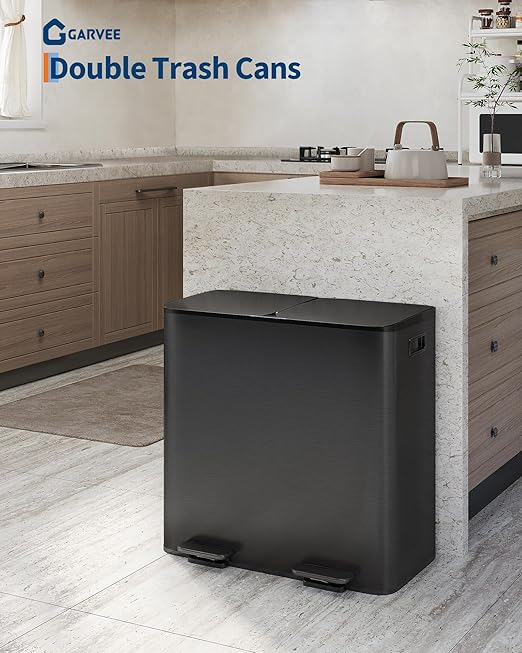 Garvee Double Trash Can, 2 x 10.6 gal (2 x 40 L) Garbage Can for Kitchen Dual Compartment Recycling Kitchen Step Trash Bin, Stainless Steel Trash and Recycle Bin Combo with Soft-Close Lid,Black
