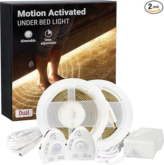 Under Bed Lights Motion Sensor, Motion Activated Bed Lighting,12V Power Adapter, Dimmable LED Strip Night Light for Bedroom,Stairs,Crib,Cabinet,Warm White -2 x 5FT -Dual Kit