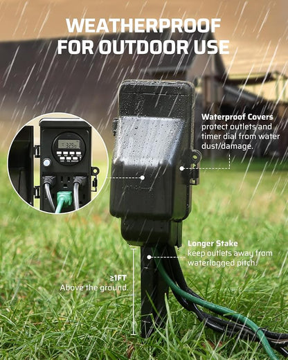 DEWENWILS Outdoor Digital Power Strip Timer, Waterproof Power Stake Timer | Waterproof 6 Outlets, 6ft Cord, Works for Outdoor Lights, Yard, Garden, 15A Heavy Duty, Overload Protection