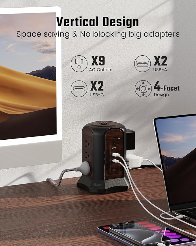 SUPERDANNY Power Strip Tower Surge Protector, 10 Ft Extension Cord with Multiple Outlets, 9 Outlets, 4 USB Ports (2 USB C), 1080 Joules, 3-Prong, Grounded, Desktop Charging Station for Home, Office