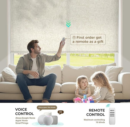 HeyBlinds Motorized Roller Shades, Smart Blinds for Windows, Remote Automatic Window Shades, Electric Shades, Light Filtering, Compatible with Alexa Google Apple Home (Nature-Oatmeal LF)