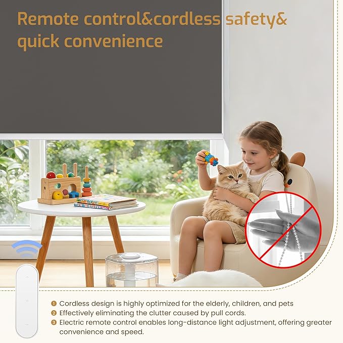 Grandekor Motorized Blinds with Remote | Blackout Cordless Electric Roller Shade Window Treatments, Compatible with Alexa/Google Assistant, for Bedroom, Living Room & Office,Dark Grey|27" W x 72" H