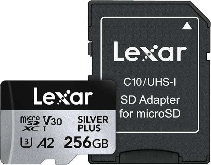 Lexar 256GB Professional Silver Plus Micro SD Card, UHS-I, C10, U3, V30, Full HD & 4K, Up to 205/150 MB/s microSDXC Memory Card, for Videographers, Gamers (LMSSIPL256G-BNANU)
