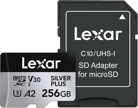 Lexar 256GB Professional Silver Plus Micro SD Card, UHS-I, C10, U3, V30, Full HD & 4K, Up to 205/150 MB/s microSDXC Memory Card, for Videographers, Gamers (LMSSIPL256G-BNANU)